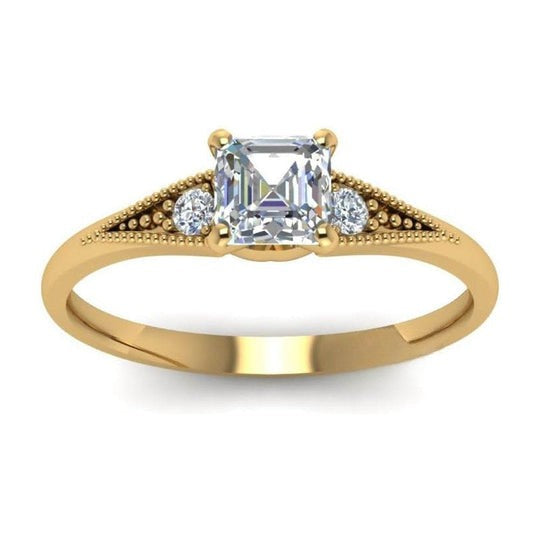 Milgrain 2.10ct Three Stone Asscher and Round Cut Moissanite Ring
