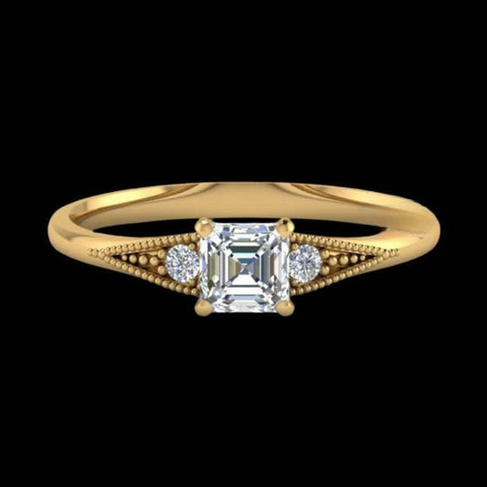 Milgrain 2.10ct Three Stone Asscher and Round Cut Moissanite Ring