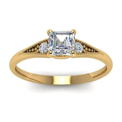 Milgrain 2.10ct Three Stone Asscher and Round Cut Moissanite Ring