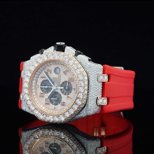 AP Fabulous Iced Out Red Rubber Belt Automatic Moissanite Wrist Watch