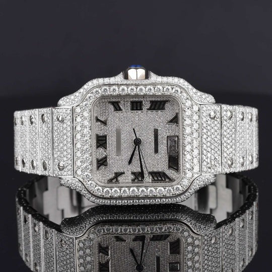 Stylish Fully Iced Out Moissanite Cartier Watch With Date Function