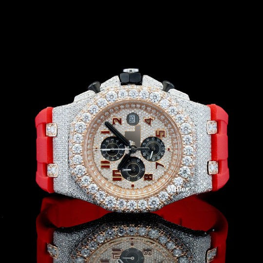 AP Fabulous Iced Out Red Rubber Belt Automatic Moissanite Wrist Watch
