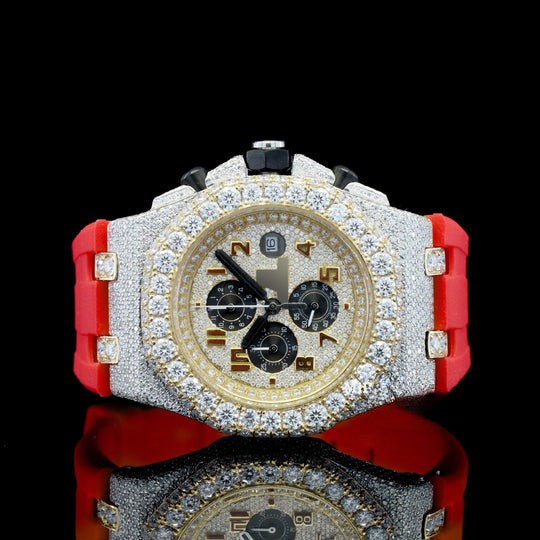 AP Fabulous Iced Out Red Rubber Belt Automatic Moissanite Wrist Watch