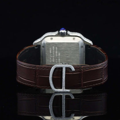 Cartier White Dial With Brown Leather Belt Moissanite Watch