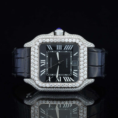 Cartier Black Dial And Leather Belt Moissanite Watch
