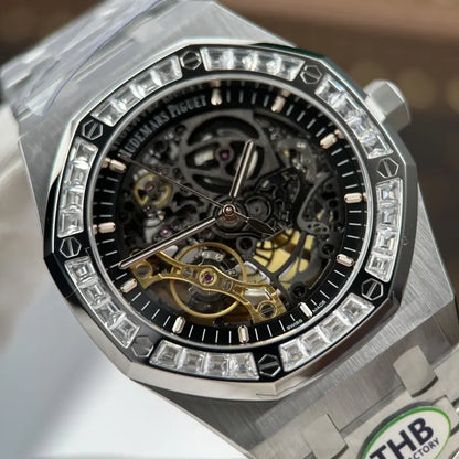 Audemars Piguet Royal Oak Openworked Frosted 15412 Skeleton Dial Bezel Stone Baguette 41mm Super Clone