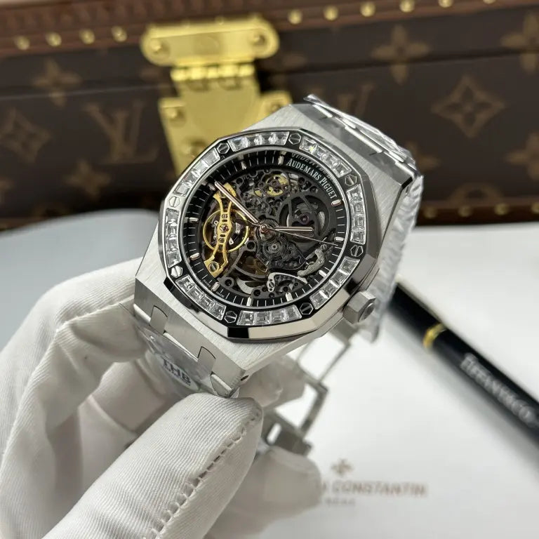 Audemars Piguet Royal Oak Openworked Frosted 15412 Skeleton Dial Bezel Stone Baguette 41mm Super Clone