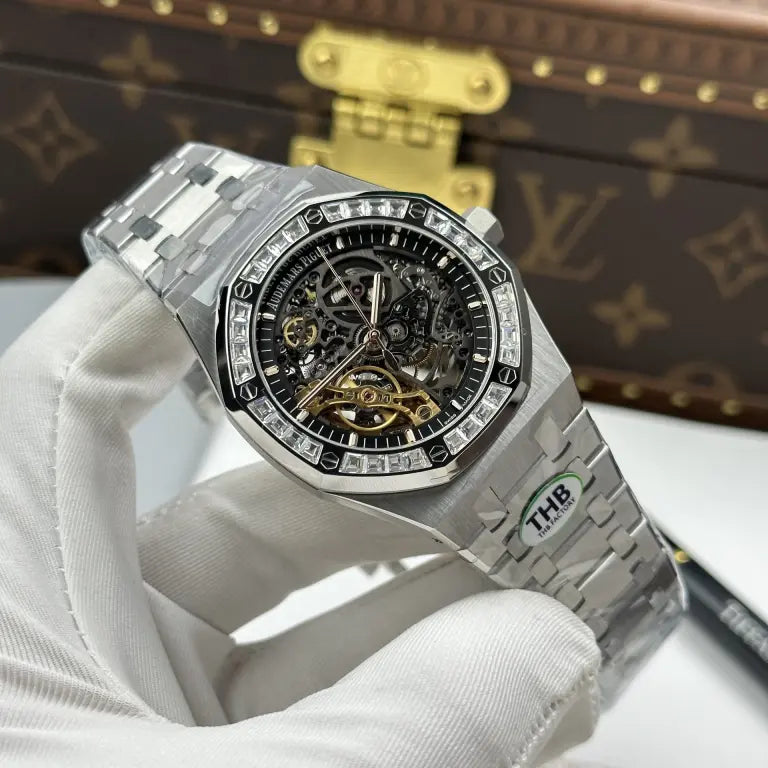Audemars Piguet Royal Oak Openworked Frosted 15412 Skeleton Dial Bezel Stone Baguette 41mm Super Clone