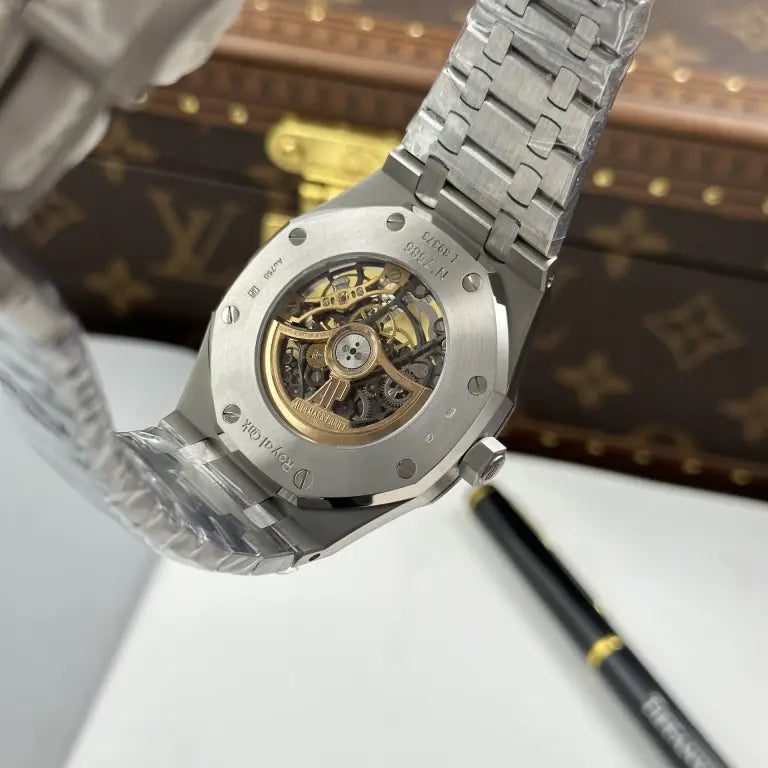 Audemars Piguet Royal Oak Openworked Frosted 15412 Skeleton Dial Bezel Stone Baguette 41mm Super Clone
