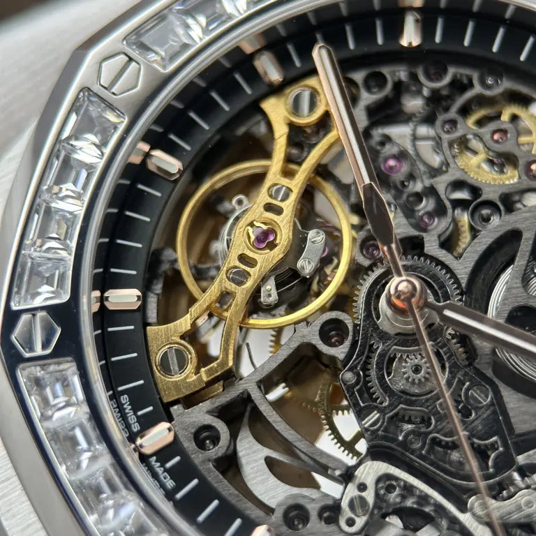 Audemars Piguet Royal Oak Openworked Frosted 15412 Skeleton Dial Bezel Stone Baguette 41mm Super Clone