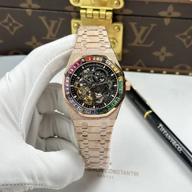 Audemars Piguet Royal Oak Openworked Frosted 15412 Case Rose Gold Bezel Stone Baguette 41mm Super Clone