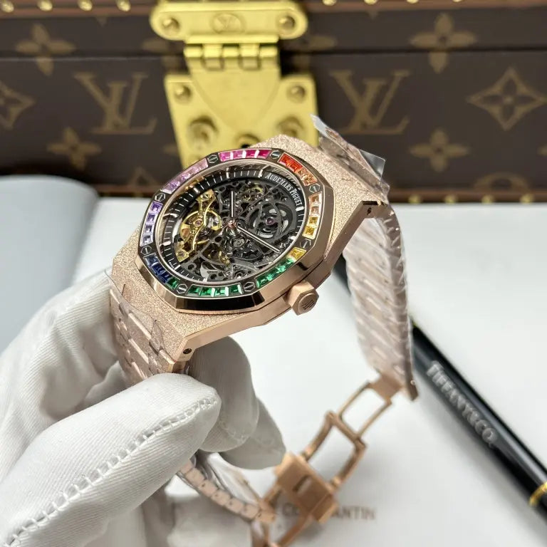 Audemars Piguet Royal Oak Openworked Frosted 15412 Case Rose Gold Bezel Stone Baguette 41mm Super Clone