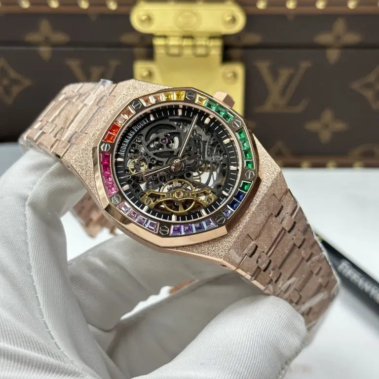 Audemars Piguet Royal Oak Openworked Frosted 15412 Case Rose Gold Bezel Stone Baguette 41mm Super Clone