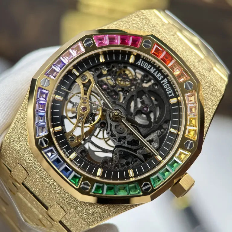 Audemars Piguet Royal Oak Openworked Frosted 15412 Case Yellow Bezel Stone Baguette 41mm