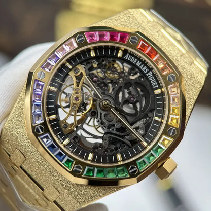 Audemars Piguet Royal Oak Openworked Frosted 15412 Case Yellow Bezel Stone Baguette 41mm
