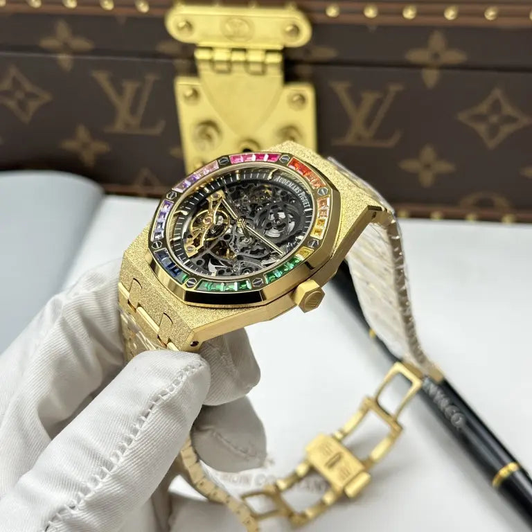 Audemars Piguet Royal Oak Openworked Frosted 15412 Case Yellow Bezel Stone Baguette 41mm