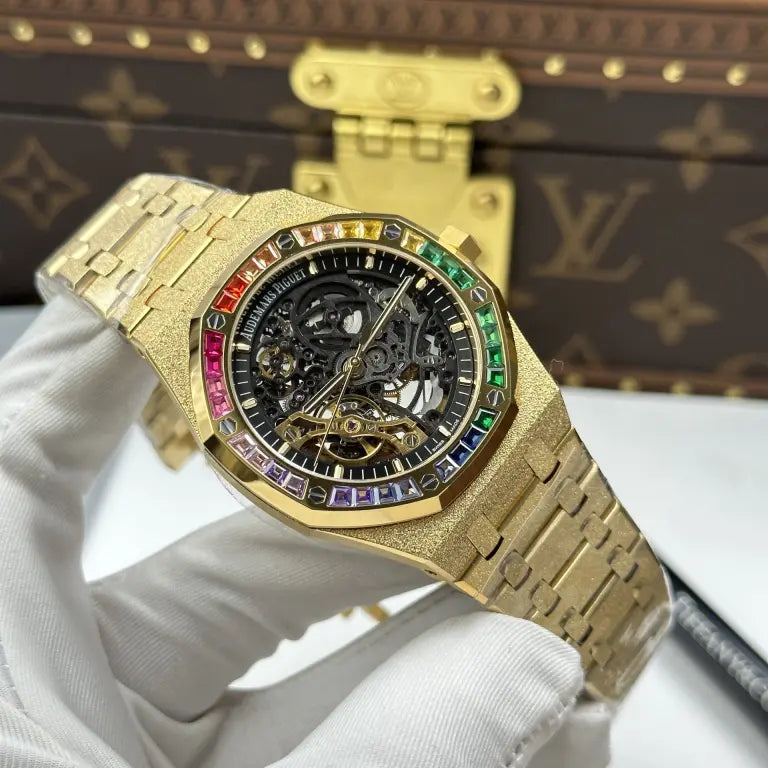 Audemars Piguet Royal Oak Openworked Frosted 15412 Case Yellow Bezel Stone Baguette 41mm