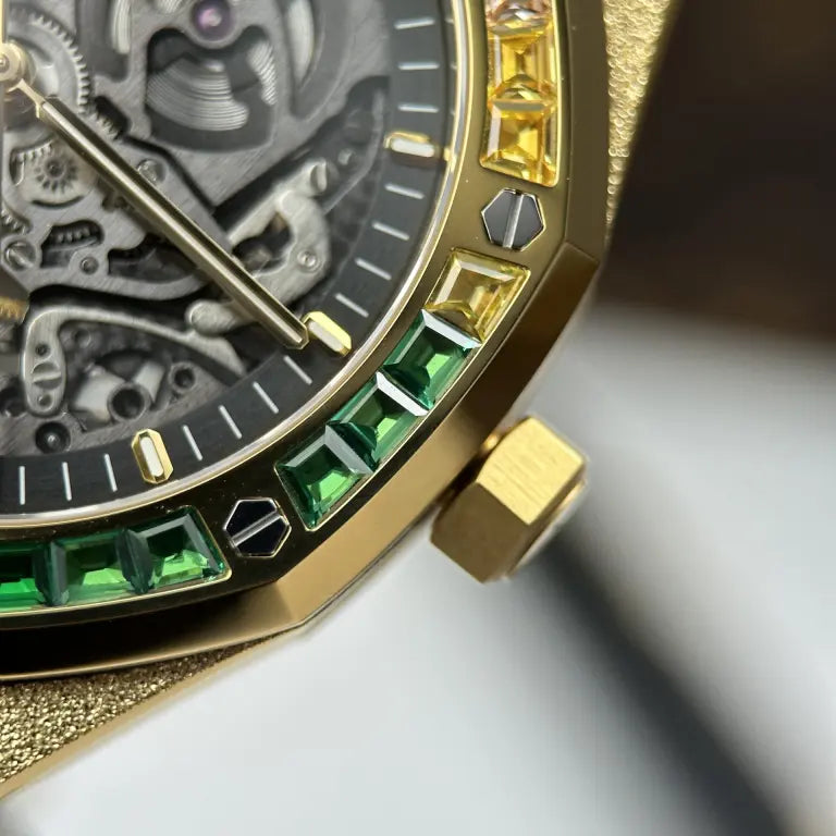 Audemars Piguet Royal Oak Openworked Frosted 15412 Case Yellow Bezel Stone Baguette 41mm