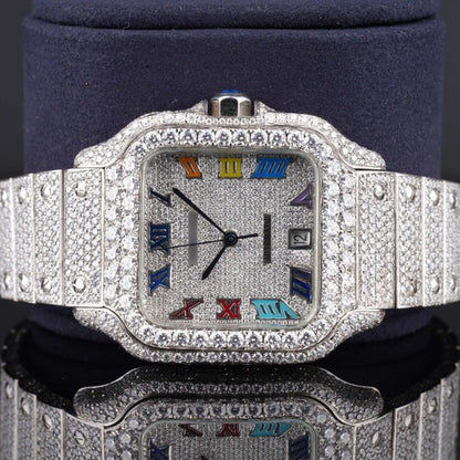 Automatic Moissanite Cartier Watch With Rainbow Color Number