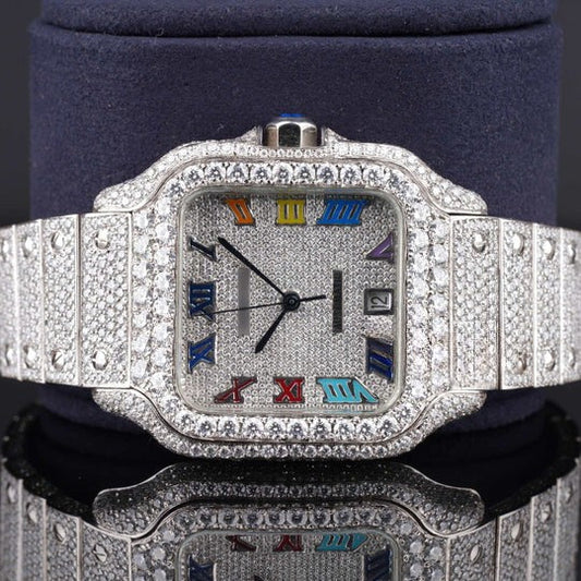 Automatic Moissanite Cartier Watch With Rainbow Color Number