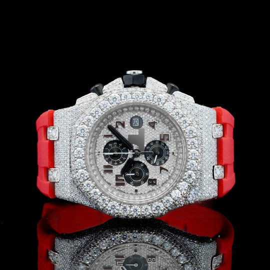 AP Fabulous Iced Out Red Rubber Belt Automatic Moissanite Wrist Watch