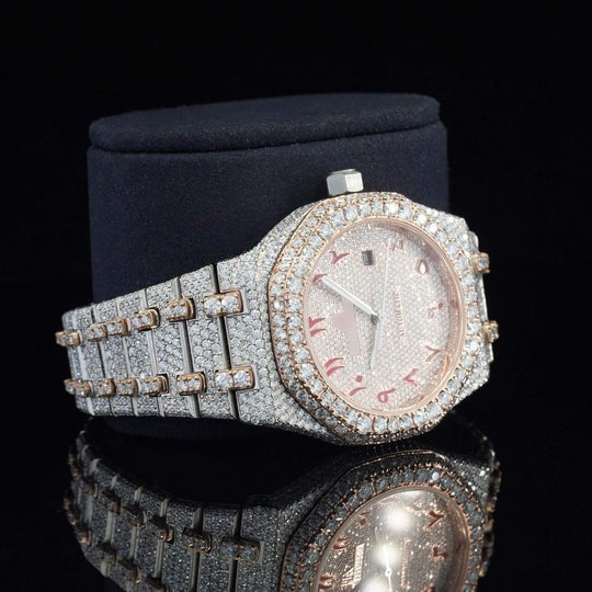 AP Classic Fully Iced Out Moissanite Automatic Movement Two Tone Watch
