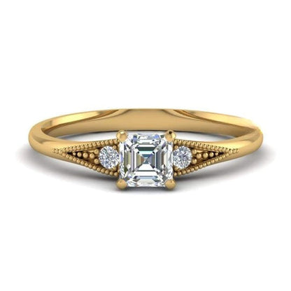 Milgrain 2.10ct Three Stone Asscher and Round Cut Moissanite Ring