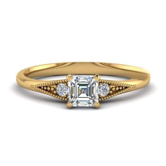 Milgrain 2.10ct Three Stone Asscher and Round Cut Moissanite Ring