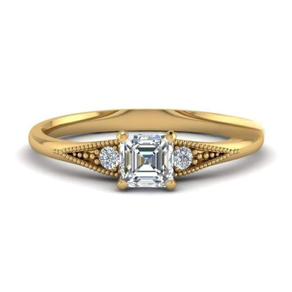 Milgrain 2.10ct Three Stone Asscher and Round Cut Moissanite Ring