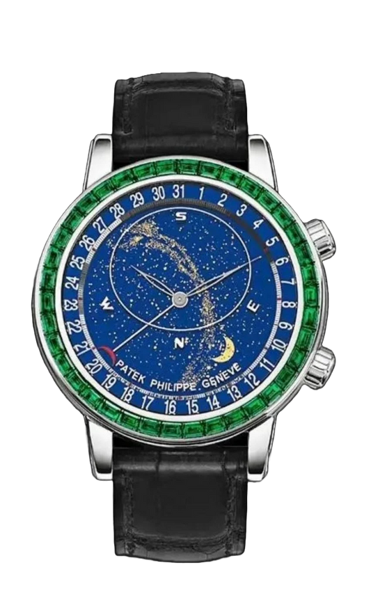 Grand Complications 6102 SS 3KF Best Edition Green Diamonds Bezel Blue Dial on Blue Leather Strap A240